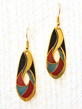 RT Cloisonné Black Red Turquoise Abstract Teardrop Enamel Dangle Earrings